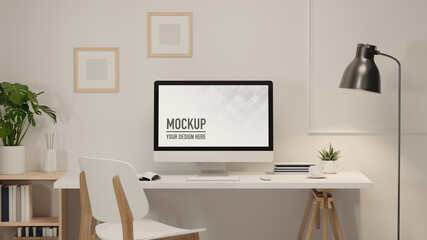3D rendering, workspace with computer, supplies and decorations, 3D illustration