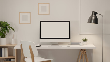 3D rendering, workspace with computer, supplies and decorations, 3D illustration