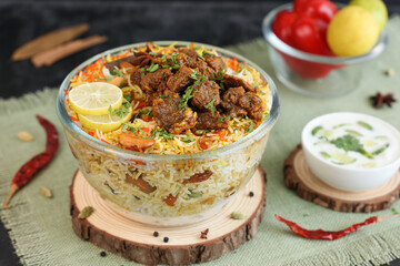 Mutton Gosht Biryani Spicy Indian Malabar lamb meat biryani Hyderabadi biryani, Dum Biriyani pulao  , beef biryani Kerala India Sri Lanka Pakistan basmati rice mixed rice dish Ramadan Kareem, Eid