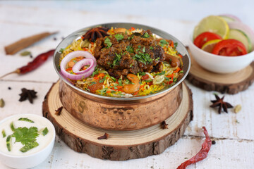 Mutton Gosht Biryani Spicy Indian Malabar lamb meat biryani Hyderabadi biryani, Dum Biriyani pulao  , beef biryani Kerala India Sri Lanka Pakistan basmati rice mixed rice dish Ramadan Kareem, Eid
