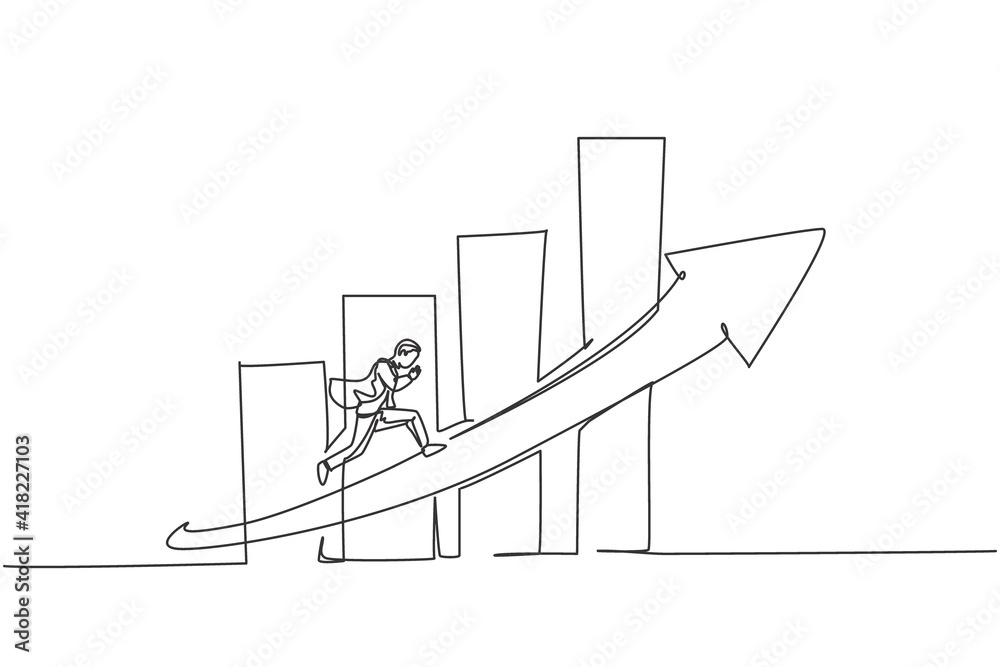 Wall mural single continuous line drawing of young worker running fast on increasing arrow sign. professional b