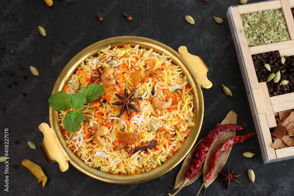 Poster vegetable biryani biriyani , hyderabadi shahi pulao and raita pilaf basmati rice dish indian spices 