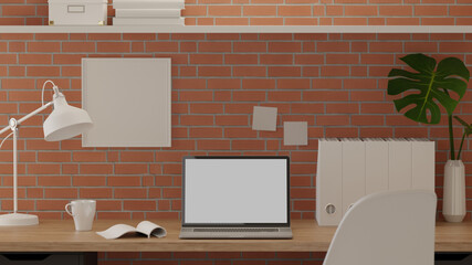 3D rendering, office room with laptop, office paper filing, decorations and supplies on the table, 3D illustration
