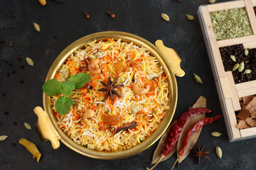 Vegetable biryani biriyani ,  Hyderabadi Shahi Pulao and raita Pilaf Basmati rice dish Indian spices Kerala India Sri Lanka Pakistan. Ghee rice, Lemon rice, boiled white rice