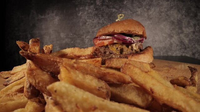 Delicious Cheeseburger with French fries - food photography