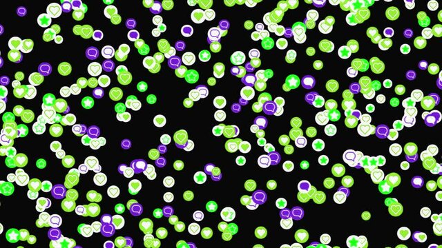 Abstract flying communication or social net signs on black background, seamless loop. Animation. Green, white, and purple logo of famous symbols, message, favorite, like.