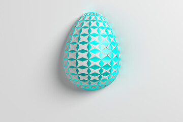 Easter concept. One single blue metal egg with geometric parametric original cut out changing patterns on the surface on a white background. 3d illustration