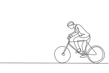 Single continuous line drawing young male worker riding bicycle to the office. Superb professional businessman work ethic. Minimalism concept dynamic one line draw graphic design vector illustration