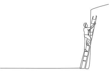 Fototapeta na wymiar Single one line drawing of young smart entrepreneur climbing up the wall with ladder. Business obstacle metaphor minimal concept. Modern continuous line draw design graphic vector illustration