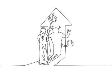 Single one line drawing of young Arabic businessman facing his scary devil shadow on wall. Hidden bad human character minimal concept. Modern continuous line draw design graphic vector illustration