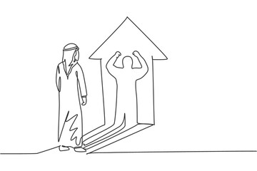 Single one line drawing of young Arabic businessman facing his muscular shadow on wall. Success champion entrepreneur minimal concept. Modern continuous line draw design graphic vector illustration