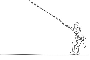Fototapeta premium Continuous one line drawing of young female entrepreneur pulling rope to reach goal, metaphor. Success business manager minimalist concept. Trendy single line draw design vector graphic illustration