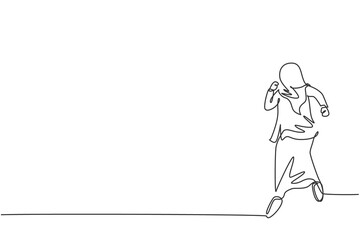 Single one line drawing of young sporty Arab business woman running fast to reach finish line. Business target growth minimal concept. Modern continuous line draw design graphic vector illustration