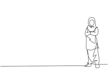 Continuous one line drawing of young female Arabic worker standing while cross arms on chest. Success business manager minimalist concept. Trendy single line draw design vector graphic illustration