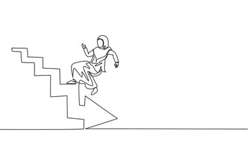 Single continuous line drawing of young beauty Arabian worker falling down from upstairs. Professional businesswoman. Minimalism concept dynamic one line draw graphic design vector illustration