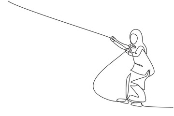 Single one line drawing of young smart Arab business woman pulling rope to reach goal target. Business finance growth minimal concept. Modern continuous line draw design graphic vector illustration