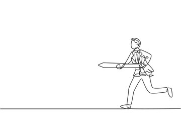 Single one line drawing of young smart male employee running and holding spear to hit target. Business focus to goal minimal concept. Modern continuous line draw design graphic vector illustration