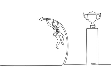 Continuous one line drawing young handsome male worker jumping using pole vault to reach trophy. Success business manager minimalist concept. Trendy single line draw design vector graphic illustration