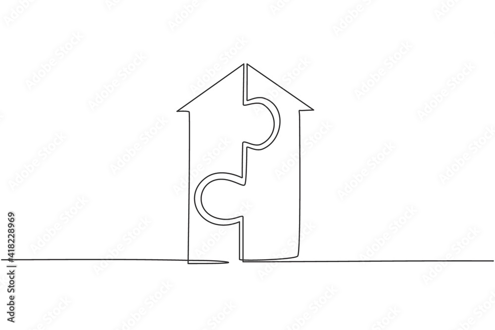 Poster single continuous line drawing of up arrow shape build from piece of puzzles. teamwork symbol metaph