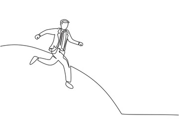 Single one line drawing young sporty male employee running to get to the office. Business manager chasing target, metaphor minimal concept. Continuous line draw design graphic vector illustration