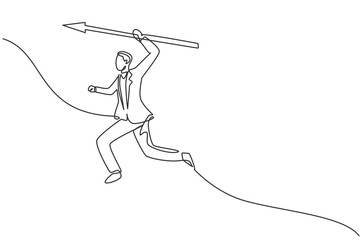Single continuous line drawing of young business man jumping while holding spear to stab. Fighting professional businessman. Minimalism concept dynamic one line draw graphic design vector illustration