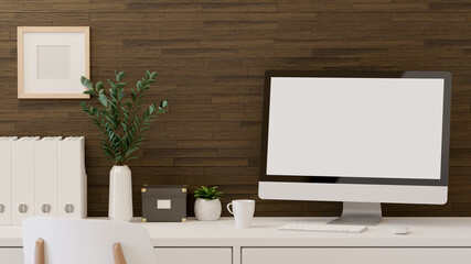 3D rendering, home office room, the table with computer, office paper filing, plant vases and...
