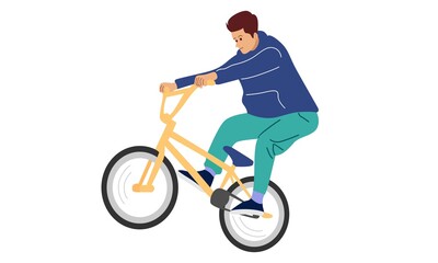 Young boy showing off freestyle trick with bicycle. Vector flat illustration concept