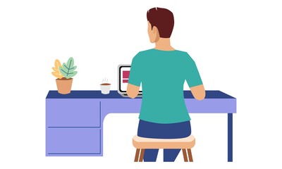 Man working with laptop. Vector flat illustration