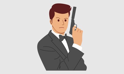 Secret agent, spy, policeman, detective, security guard with a gun. Design flat vector illustration