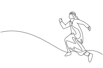 Single continuous line drawing of young Arabic businessman far jumping leap to reach business goal. Smart visionary manager. Minimalism concept dynamic one line draw graphic design vector illustration