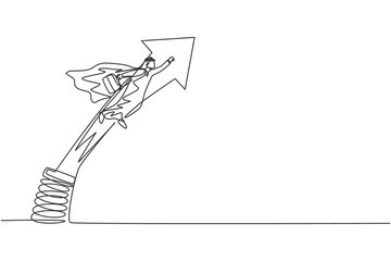 Single continuous line drawing of young Arab businessman jumping and flying with metal spring. Smart strategy of manager. Minimalism concept dynamic one line draw graphic design vector illustration