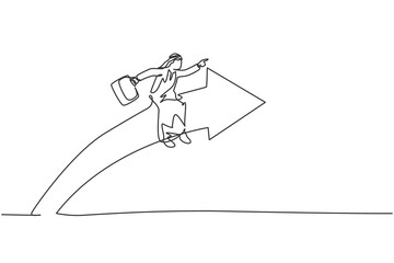 Single one line drawing of young Arabic male entrepreneur riding arrow symbol and flying to the sky. Business growth minimal concept. Modern continuous line draw design graphic vector illustration