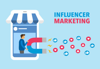 Social media online marketing or digital advertising ads on smartphone. Influencer holding magnetic to drag customer like icon into the business.