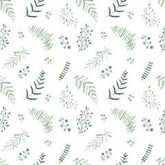 Watercolor seamless pattern with greenery, fern, carved leaves, branches, berries on a white background