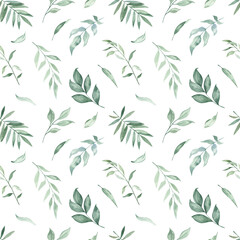 Watercolor seamless pattern with greenery, palm leaves, branches, on a white background