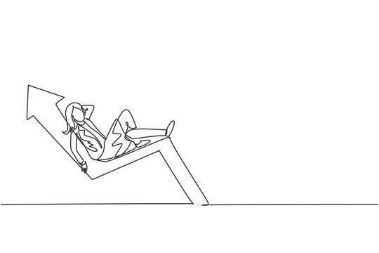 Single One Line Drawing Young Smart Female Investor Sleeping Relax On Up Arrow Symbol Enjoying Life. Business Investment Minimal Concept. Modern Continuous Line Draw Design Graphic Vector Illustration