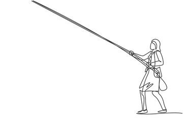 Continuous one line drawing of young female worker pulling rope to get the kites. Success business manager minimalist concept. Trendy single line draw design vector graphic illustration