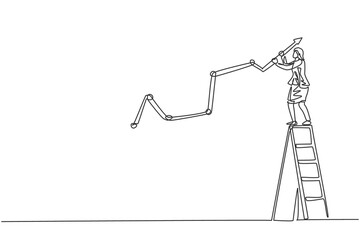 Continuous one line drawing of young female worker climb ladder and draw sales growth graph. Success business manager minimalist concept. Trendy single line draw design vector graphic illustration