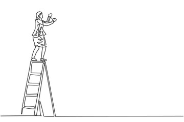 Single continuous line drawing of young female manager climb ladder to fix lamp at the office. Professional businesswoman. Minimalism concept dynamic one line draw graphic design vector illustration