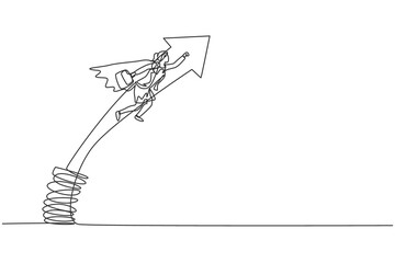 Continuous one line drawing of young female worker flying jumping high with metal spring. Success business manager minimalist metaphor concept. Single line draw design vector graphic illustration