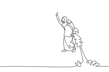 Single continuous line drawing young professional female Arab entrepreneur flying high into the sky with jetpack. Minimalism metaphor concept dynamic one line draw graphic design vector illustration