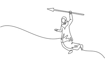Continuous one line drawing young Arabic female worker jumping high while holding arrow spear. Success business manager minimalist concept. Trendy single line draw design vector graphic illustration