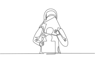Single one line drawing of young Arabian businesswoman build puzzle into up house building. Business financial growth minimal concept. Modern continuous line draw design graphic vector illustration