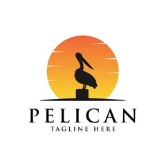 pelican bird logo vintage with sun background vector illustration design