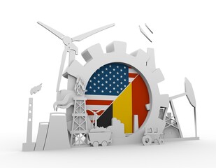 Economic relationship between USA and Belgium. National flags. Teamwork concept. Energy generation and heavy industry. 3D rendering