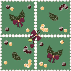 Holiday 2020 pearls shrubs with berries and leaves on green background