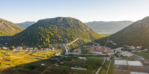 Aerial panorama drone shot of Ston with Salt Pan in Ragusa near Dubrovnik in Croatia Summer morning sunrise