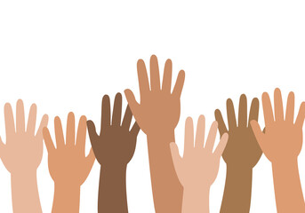 Group of people raising hands up concept.