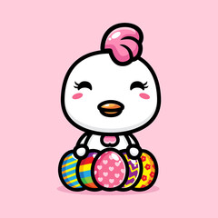 vector design of cute cartoon animal hen chick is on the easter egg pile