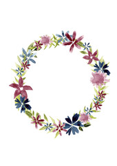 Floral round  frame for decor, design, invitations, cards. Hand drawn watercolor elements. 
